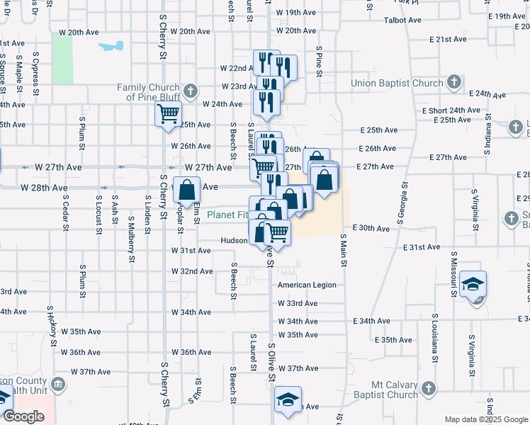 map of restaurants, bars, coffee shops, grocery stores, and more near 2900 South Olive Street in Pine Bluff