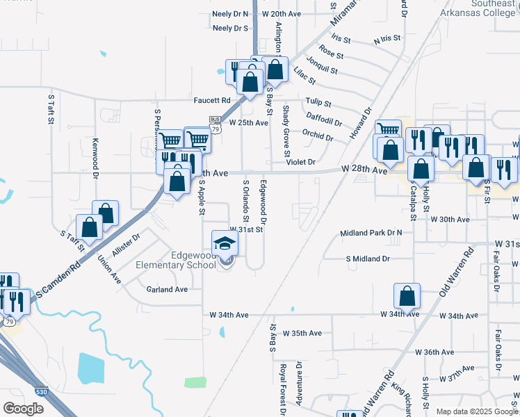map of restaurants, bars, coffee shops, grocery stores, and more near 2816 Edgewood Drive in Pine Bluff