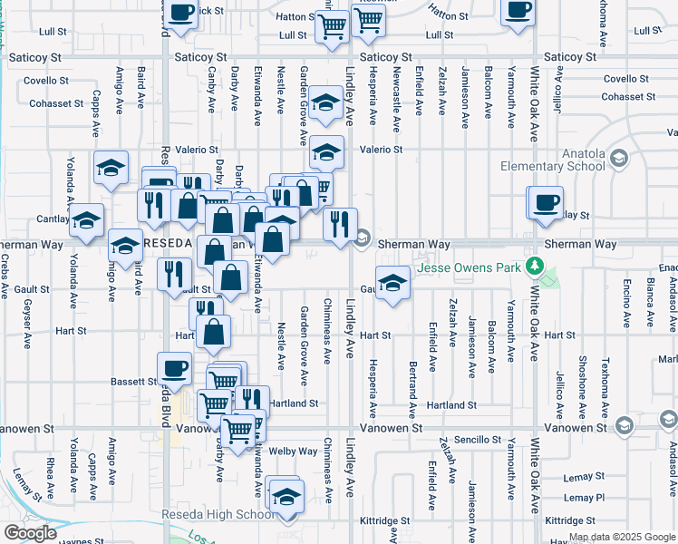 map of restaurants, bars, coffee shops, grocery stores, and more near 7113 Lindley Avenue in Los Angeles