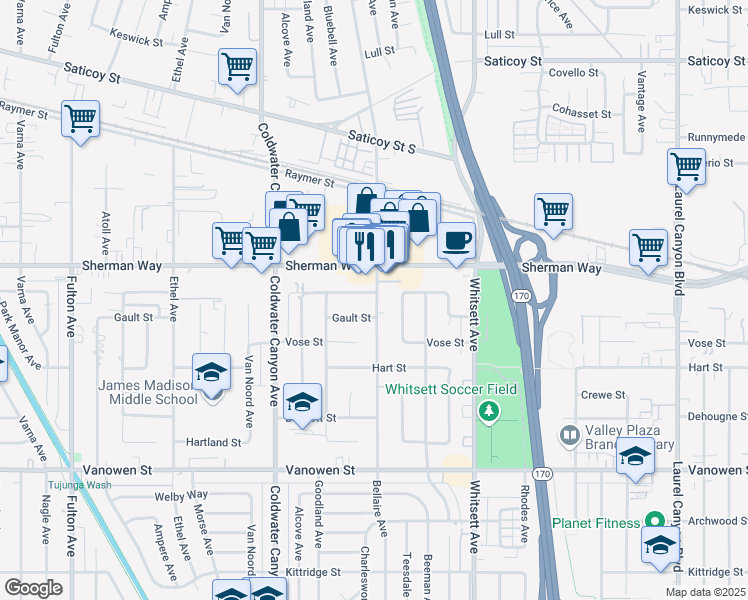 map of restaurants, bars, coffee shops, grocery stores, and more near 12710 Barbara Ann Street in Los Angeles