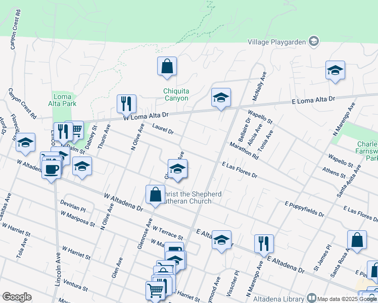 map of restaurants, bars, coffee shops, grocery stores, and more near 119 West Las Flores Drive in Altadena