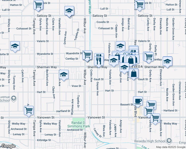 map of restaurants, bars, coffee shops, grocery stores, and more near 7122 Crebs Avenue in Los Angeles