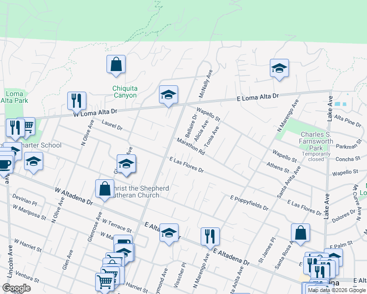 map of restaurants, bars, coffee shops, grocery stores, and more near 92 Marathon Road in Altadena
