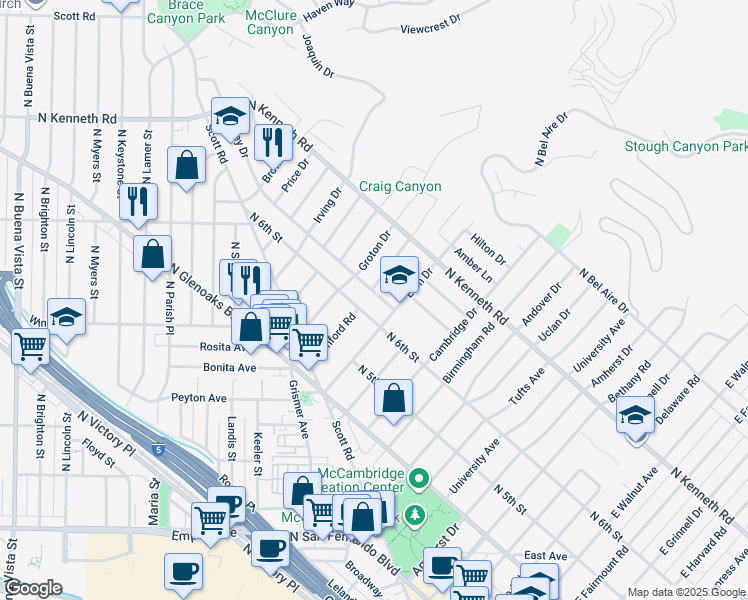 map of restaurants, bars, coffee shops, grocery stores, and more near 2100 North 6th Street in Burbank