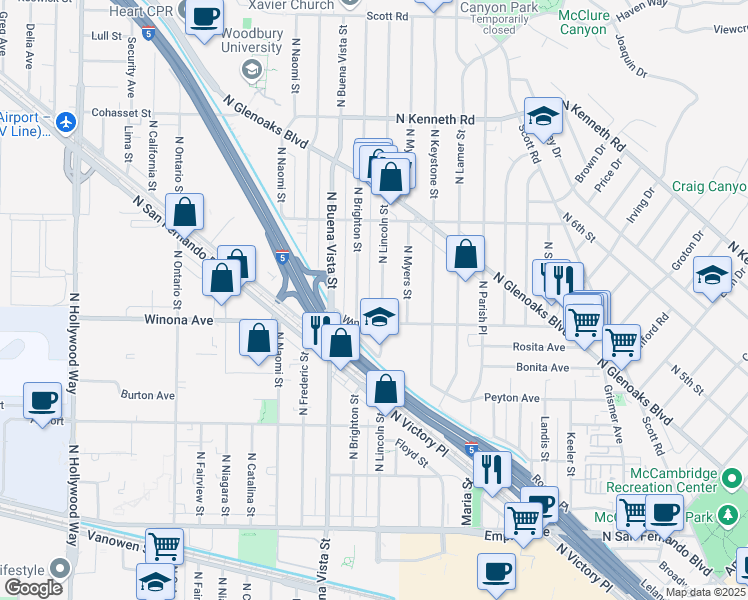 map of restaurants, bars, coffee shops, grocery stores, and more near 2420 North Brighton Street in Burbank