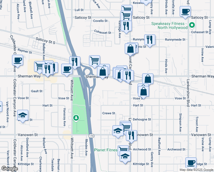 map of restaurants, bars, coffee shops, grocery stores, and more near in Los Angeles