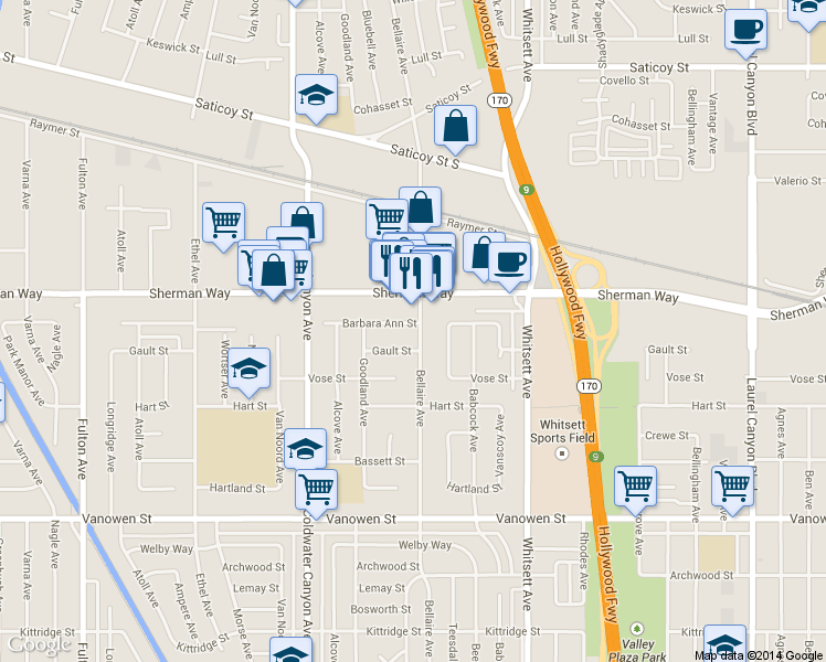 map of restaurants, bars, coffee shops, grocery stores, and more near 12710 Barbara Ann Street in Los Angeles