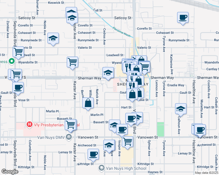 map of restaurants, bars, coffee shops, grocery stores, and more near 14650 Sherman Way in Los Angeles