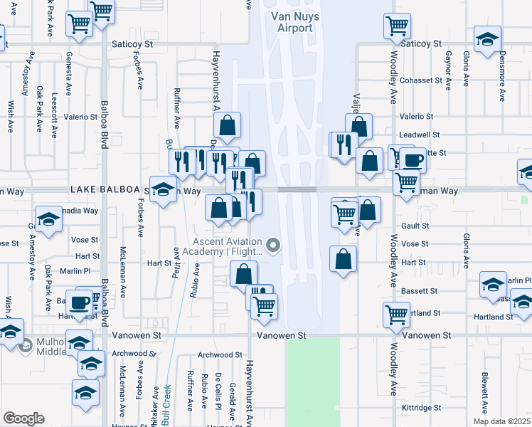 map of restaurants, bars, coffee shops, grocery stores, and more near 7120 Hayvenhurst Avenue in Los Angeles