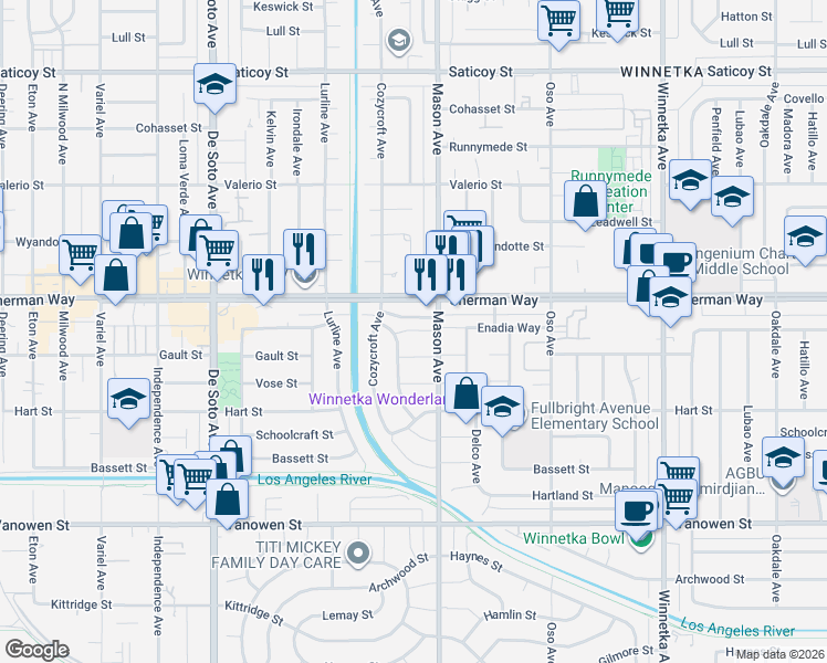 map of restaurants, bars, coffee shops, grocery stores, and more near 7118 Sunny Brae Avenue in Los Angeles