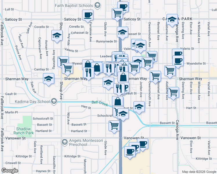 map of restaurants, bars, coffee shops, grocery stores, and more near 7130 Glade Avenue in Los Angeles