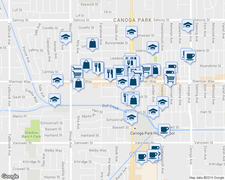 map of restaurants, bars, coffee shops, grocery stores, and more near 7130 Glade Avenue in Los Angeles