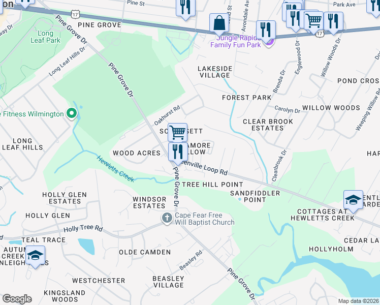 map of restaurants, bars, coffee shops, grocery stores, and more near 5800-5898 Sycamore Hollow Dr in Wilmington