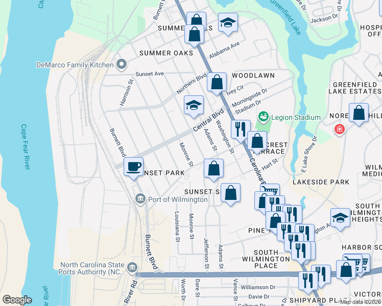 map of restaurants, bars, coffee shops, grocery stores, and more near 2125 Monroe St in Wilmington