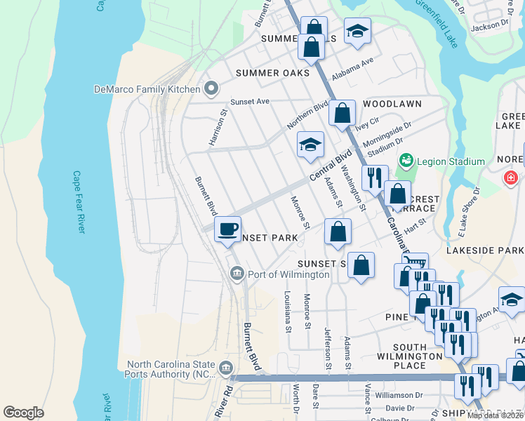 map of restaurants, bars, coffee shops, grocery stores, and more near 122 Central Boulevard in Wilmington