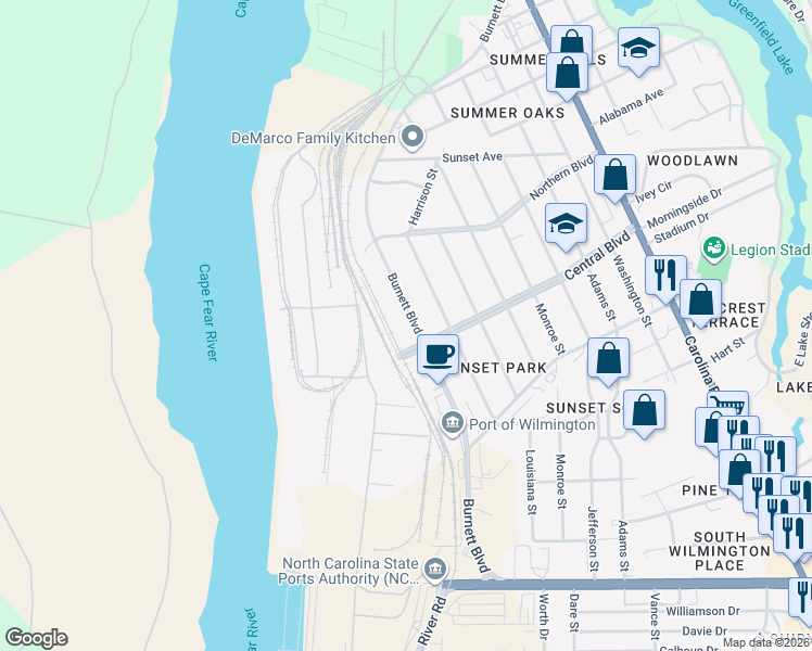 map of restaurants, bars, coffee shops, grocery stores, and more near 2082 Burnett Boulevard in Wilmington