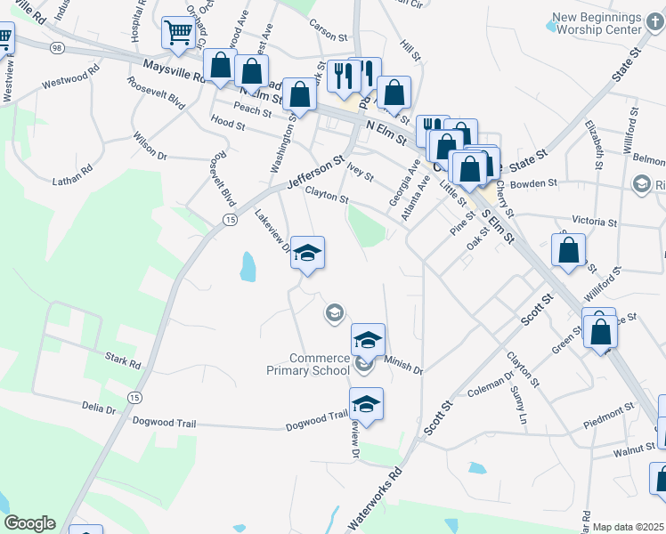 map of restaurants, bars, coffee shops, grocery stores, and more near 180 Parkview Drive in Commerce