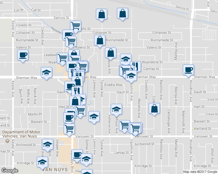 map of restaurants, bars, coffee shops, grocery stores, and more near 14230 Enadia Way in Los Angeles