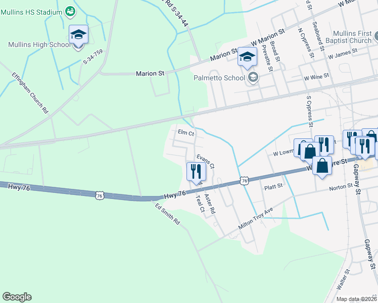 map of restaurants, bars, coffee shops, grocery stores, and more near 306 Leroy Bethea Street in Mullins
