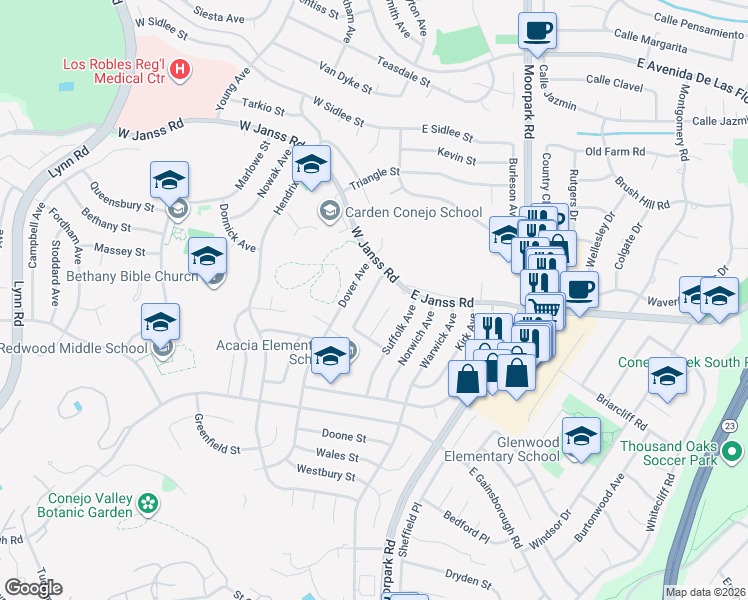 map of restaurants, bars, coffee shops, grocery stores, and more near 1558 Wakefield Avenue in Thousand Oaks