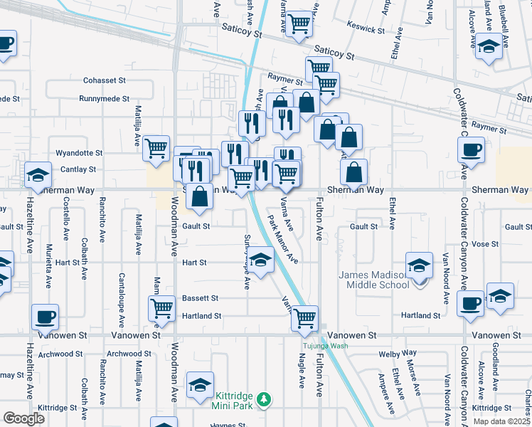 map of restaurants, bars, coffee shops, grocery stores, and more near 7115 Park Manor Avenue in Los Angeles