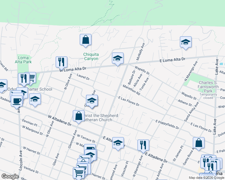 map of restaurants, bars, coffee shops, grocery stores, and more near 36 Silver Spruce Lane in Altadena