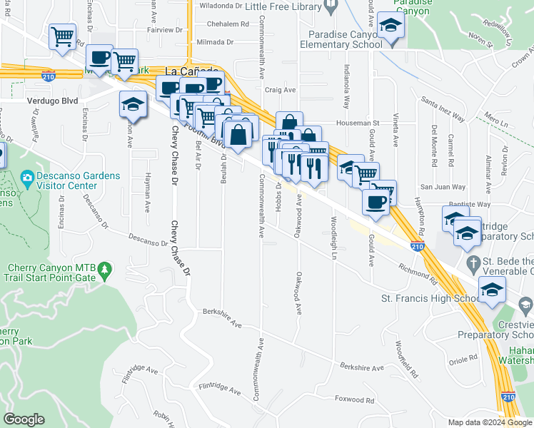 map of restaurants, bars, coffee shops, grocery stores, and more near 4408 Commonwealth Avenue in La Cañada Flintridge