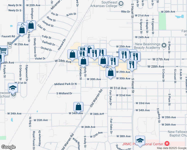 map of restaurants, bars, coffee shops, grocery stores, and more near 3010 South Orange Street in Pine Bluff