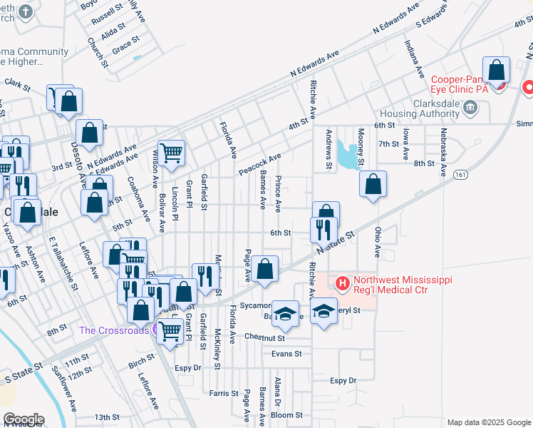 map of restaurants, bars, coffee shops, grocery stores, and more near 518 Barnes Avenue in Clarksdale