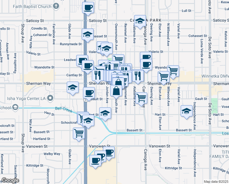 map of restaurants, bars, coffee shops, grocery stores, and more near 7127 Owensmouth Avenue in Los Angeles