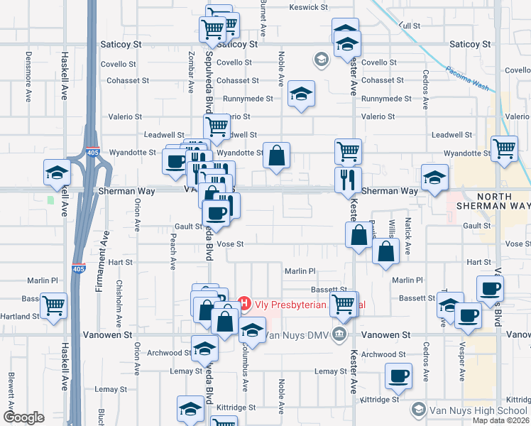 map of restaurants, bars, coffee shops, grocery stores, and more near 15120 Enadia Way in Los Angeles