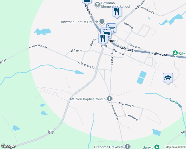 map of restaurants, bars, coffee shops, grocery stores, and more near 241 Broad Street in Bowman