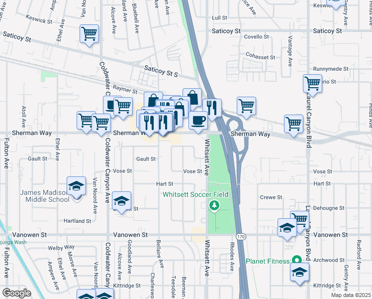 map of restaurants, bars, coffee shops, grocery stores, and more near 7120 Babcock Avenue in Los Angeles