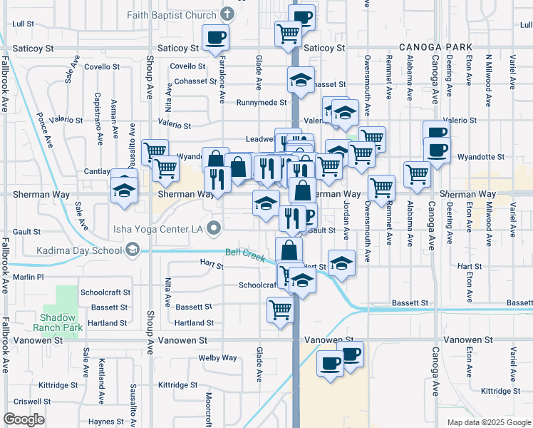 map of restaurants, bars, coffee shops, grocery stores, and more near 7130 Glade Avenue in Los Angeles