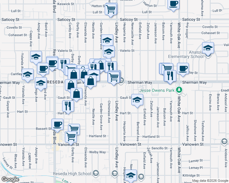map of restaurants, bars, coffee shops, grocery stores, and more near 7111 Lindley Avenue in Los Angeles