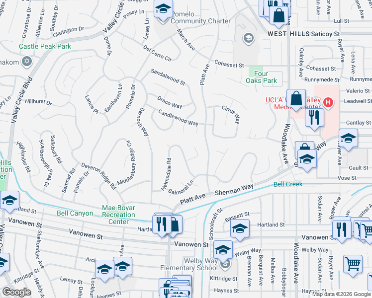 map of restaurants, bars, coffee shops, grocery stores, and more near 7148 Forest Hills Road in Los Angeles