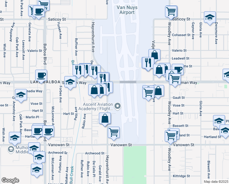 map of restaurants, bars, coffee shops, grocery stores, and more near 16461 Sherman Way in Los Angeles