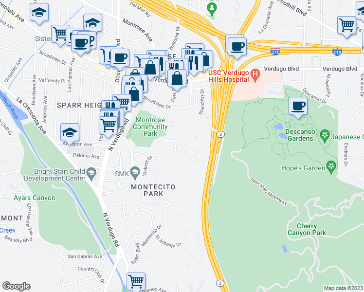 map of restaurants, bars, coffee shops, grocery stores, and more near 3411 Sierra Glen Road in Glendale