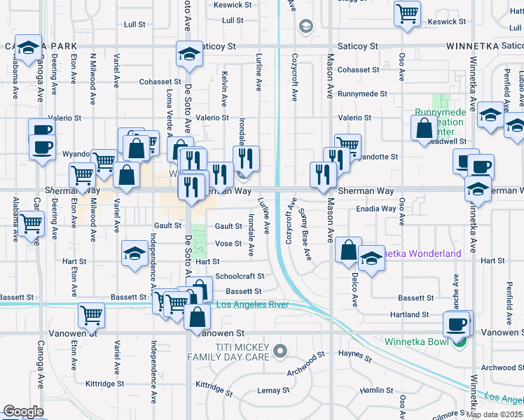 map of restaurants, bars, coffee shops, grocery stores, and more near 20700 Enadia Way in Los Angeles