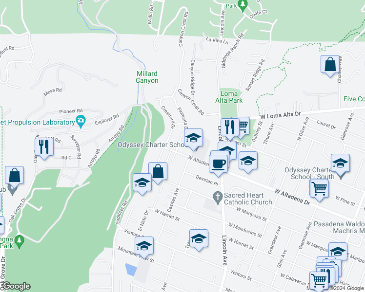 map of restaurants, bars, coffee shops, grocery stores, and more near 790 Florecita Terrace in Altadena