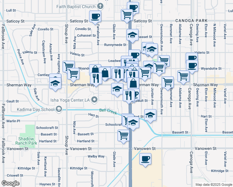 map of restaurants, bars, coffee shops, grocery stores, and more near 7130 Glade Avenue in Los Angeles