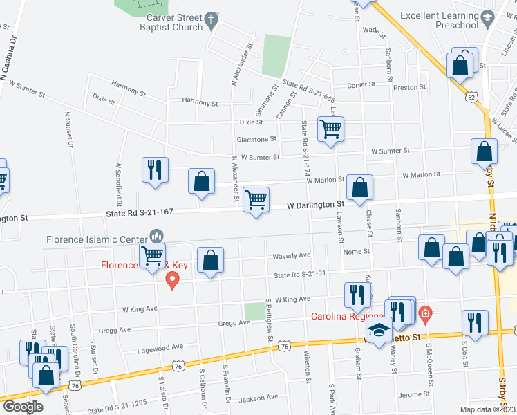 map of restaurants, bars, coffee shops, grocery stores, and more near 921 West Darlington Street in Florence