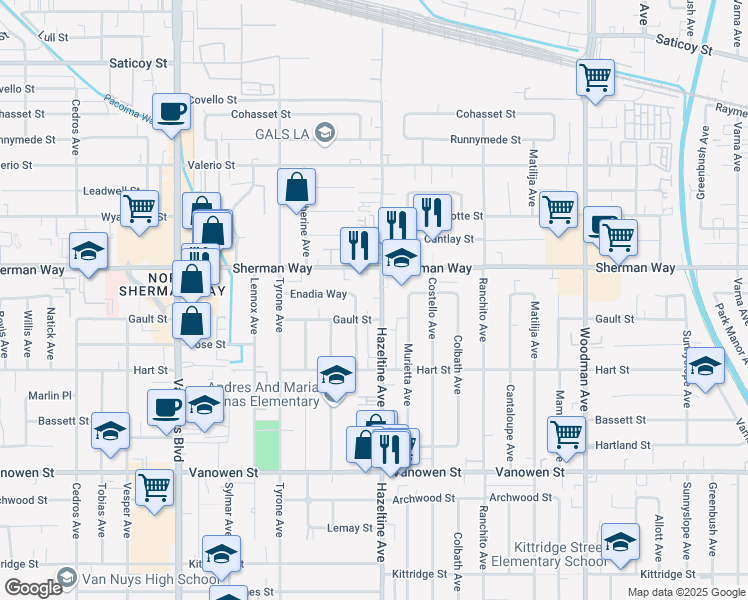 map of restaurants, bars, coffee shops, grocery stores, and more near 7123 Hazeltine Avenue in Los Angeles
