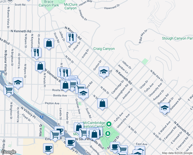 map of restaurants, bars, coffee shops, grocery stores, and more near 2100 North 6th Street in Burbank