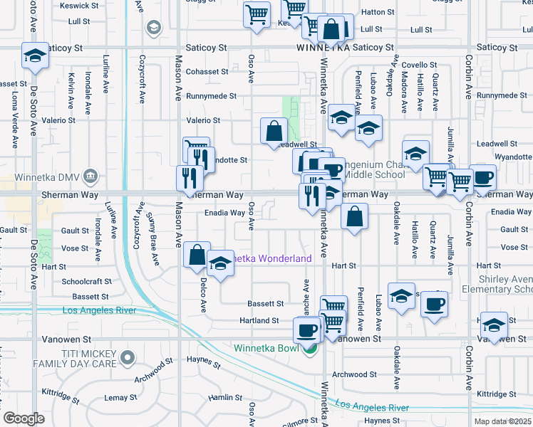 map of restaurants, bars, coffee shops, grocery stores, and more near 20224 Sherman Way in Los Angeles