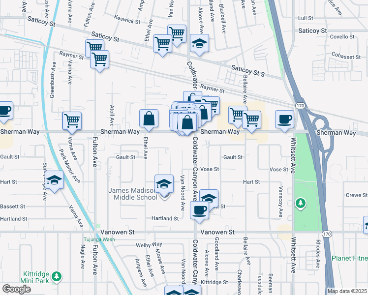 map of restaurants, bars, coffee shops, grocery stores, and more near 7133 Coldwater Canyon Avenue in Los Angeles