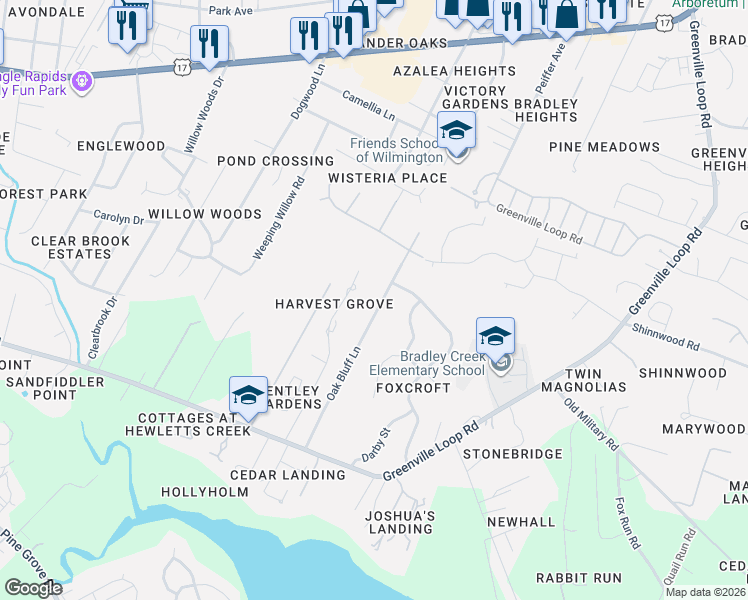 map of restaurants, bars, coffee shops, grocery stores, and more near 5708 Oak Bluff Lane in Wilmington