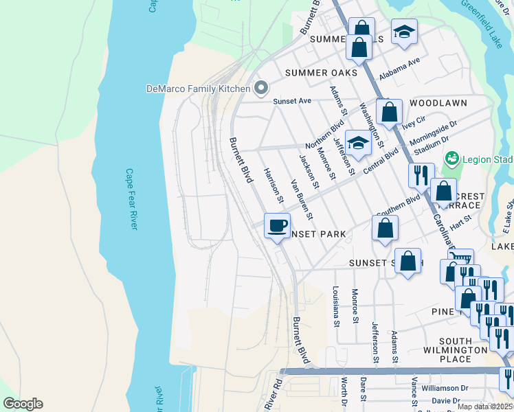 map of restaurants, bars, coffee shops, grocery stores, and more near 2082 Burnett Boulevard in Wilmington