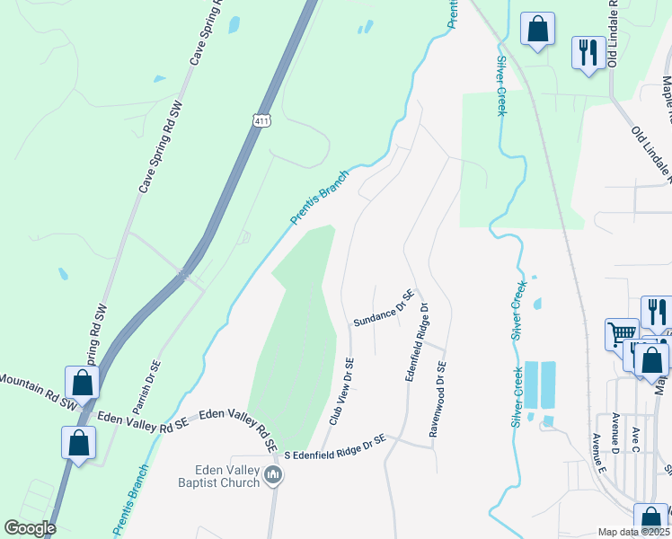 map of restaurants, bars, coffee shops, grocery stores, and more near 41 Club View Drive Southeast in Rome