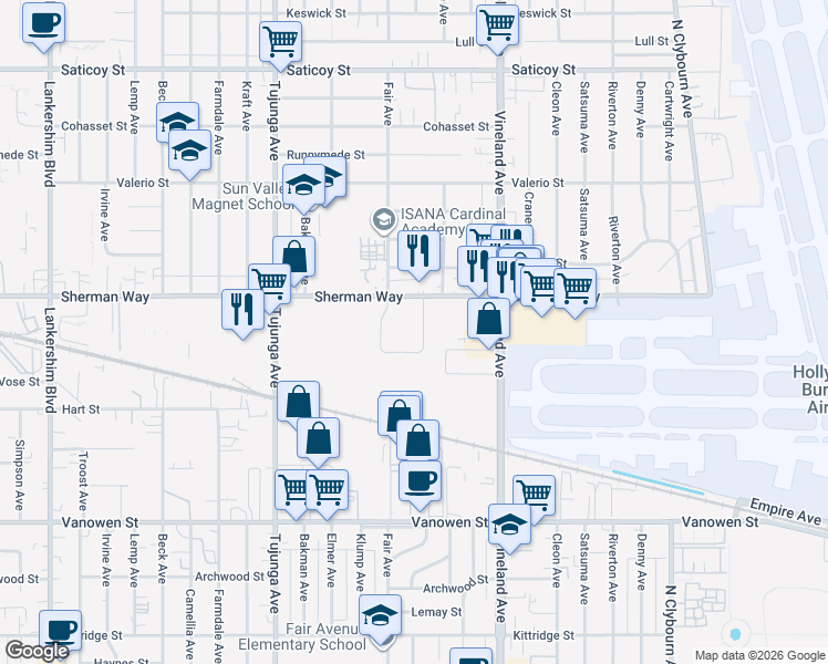 map of restaurants, bars, coffee shops, grocery stores, and more near 7121 Case Avenue in Los Angeles